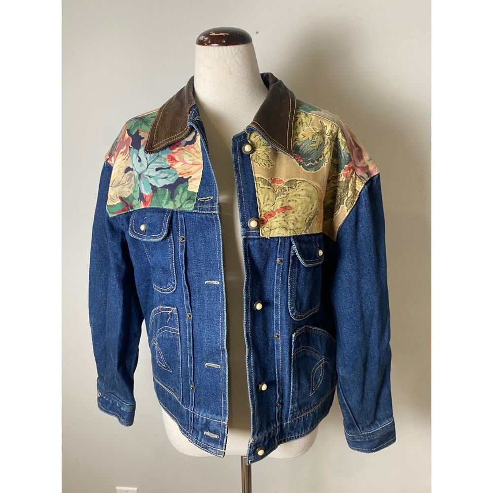 Studio Wear Vintage 90s Denim Jacket Floral Tapestry Leather Collar Blue Small